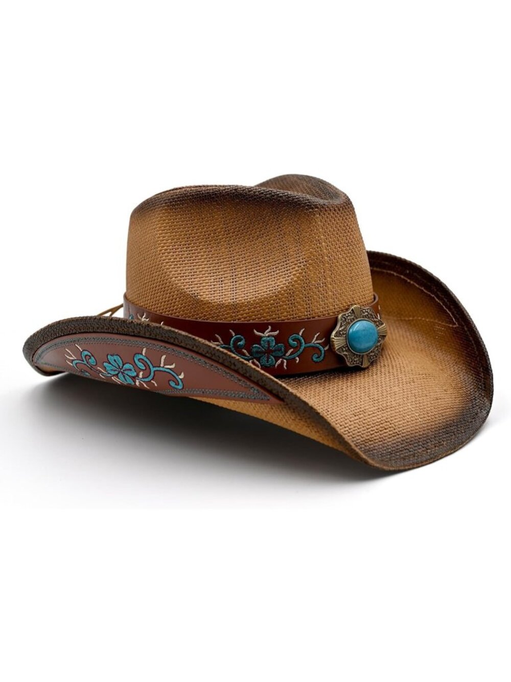 Unisex Coffee Sapphire Straw Woven Double Band Cowboy Western Cowgirl Sun Hat